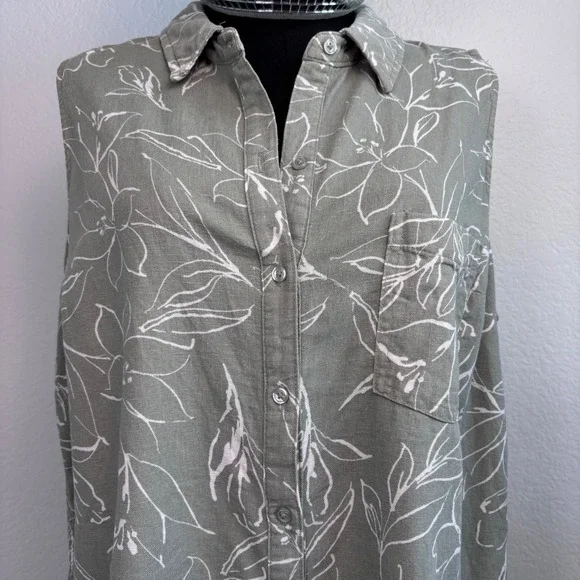 ecothreads Womens Sleeveless Button Up Shirt Green Floral Linen Blend Size L - Picture 11 of 16